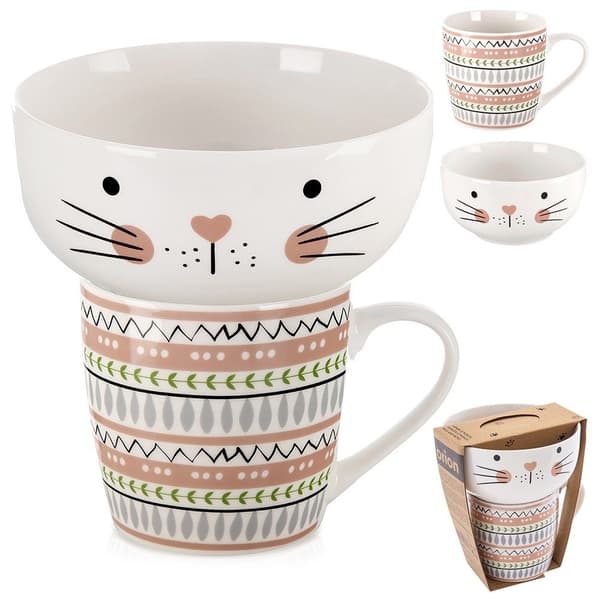 Porcelænskop med skål til børn, kat, 2 dele