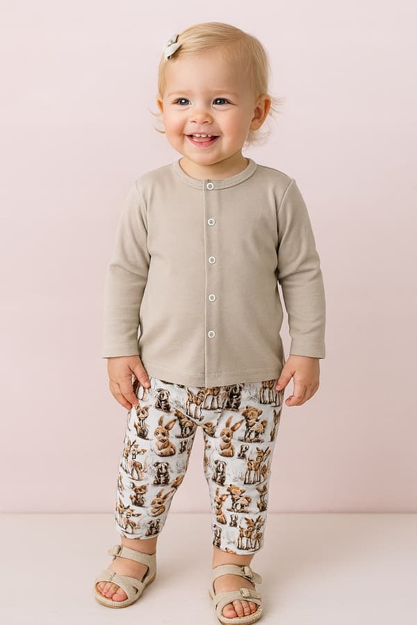 Barnpyjamas BOMULL 92 med knapp för SJUKHUS BEIGE DEER