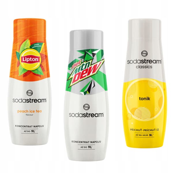Sæt med 3 Sodastream Lipton Ice Tea Peach + Mountain Dew + Tonic koncentrater
