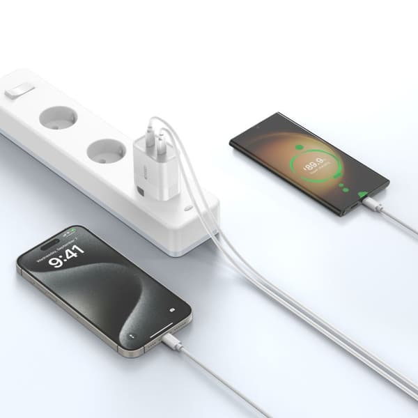 TECH-PROTECT C20W 2-PORTARS NÄTVERKSLADDARE PD20W + TYP-C-KABEL VIT