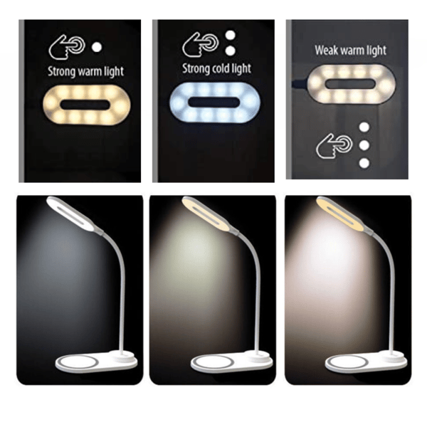 Skrivbordslampa LED vit dubbel touch klocka LCD-display USB
