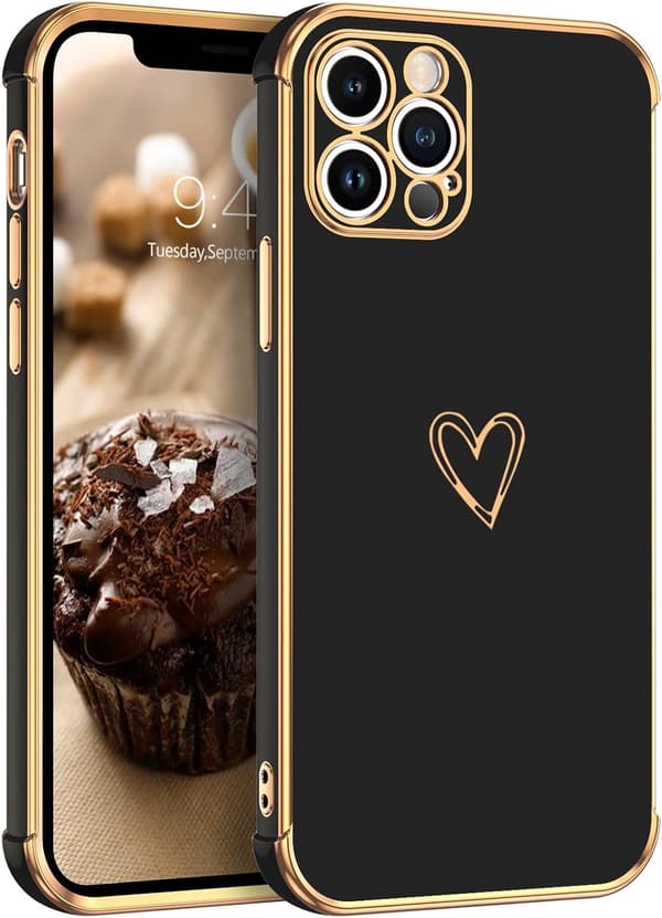 APPLE IPHONE 12 PRO SILIKONE ETUI SORT GULD RAMME HJERTE A2341