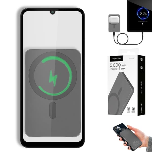Kruger&Matz 5000 mAh magnetisk induktiv powerbank grå