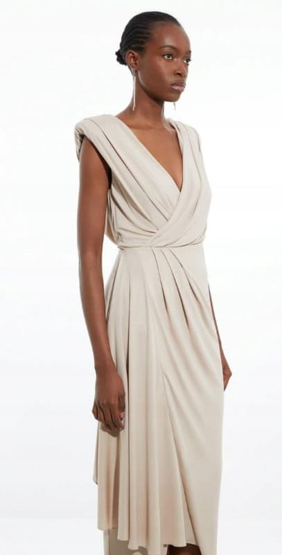 Karen Millen beige V-ringad rak midiklänning S