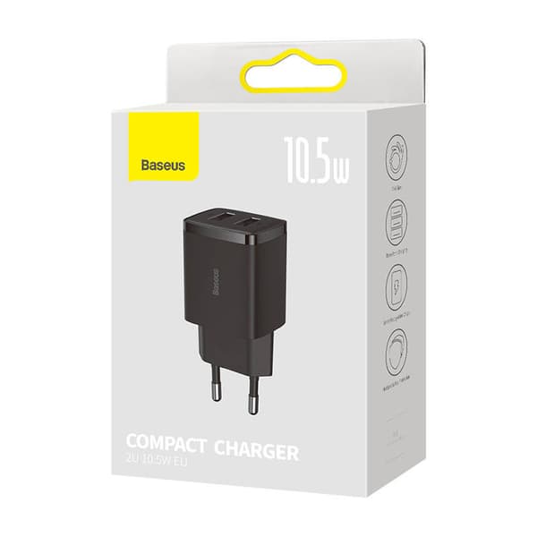 Baseus Compact -pikalaturi, 2x USB, 10.5W (musta)