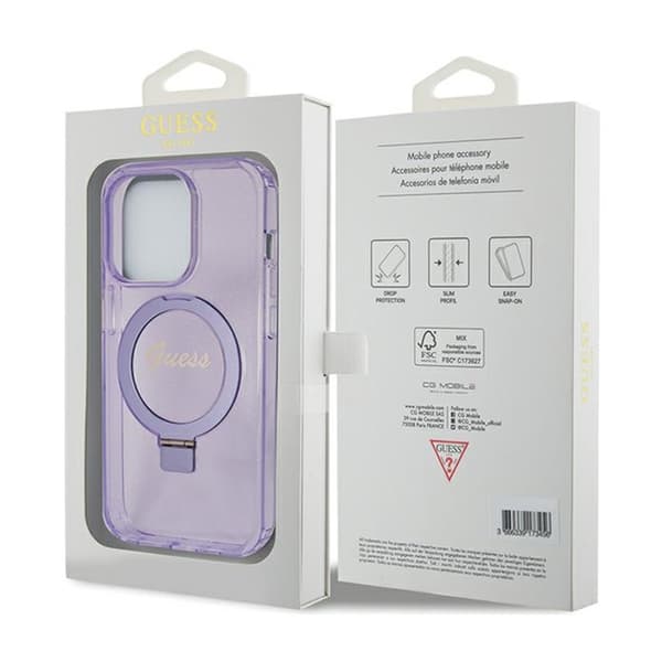 Guess Ring Stand Script Glitter MagSafe - iPhone 15 Pro cover (lilla)