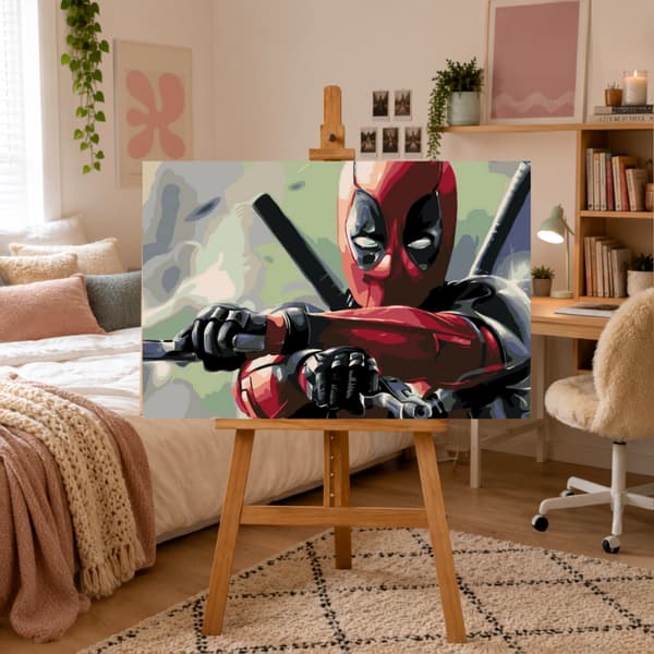 Mal efter nummer billede med ramme Deadpool med pistol 70x50 cm