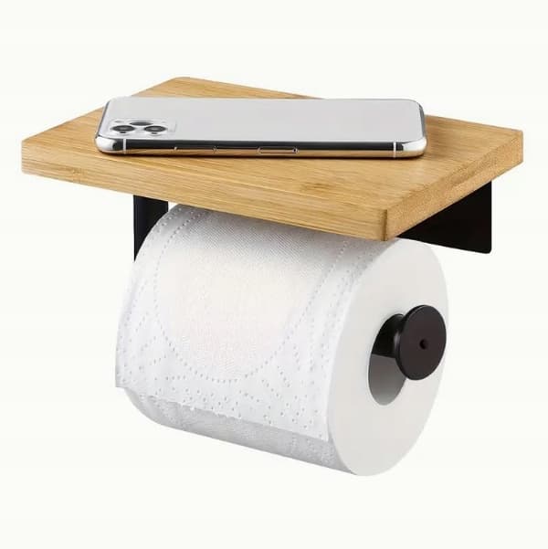 Toiletpapirholder Krog Sort Loft med bambushylde selvklæbende