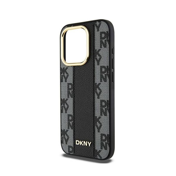 DKNY Læder MagSafe med Ternet Monomønster - iPhone 15 Pro Etui (Sort)
