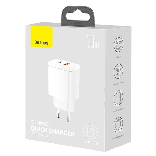 Baseus Compact -pikalaturi, USB, USB-C, 20W (valkoinen)