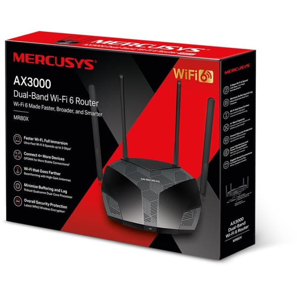 Mercusys MR80X WiFi 6 Router, Hastigheder Op Til 3 Gbps, 4 Antenner