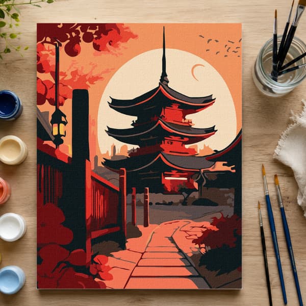 Mal efter tal billede med ramme Japansk pagode 50x70 cm
