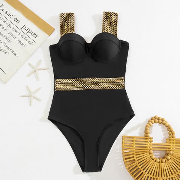 Dame badedragt, polstret, push-up, sort, guld, pin-up, M