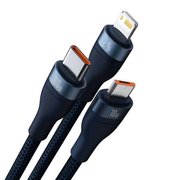 Baseus Flash Series 3in1 USB-kaapeli, USB-C + micro USB + Lightning, 100W, 1.2m (sininen)