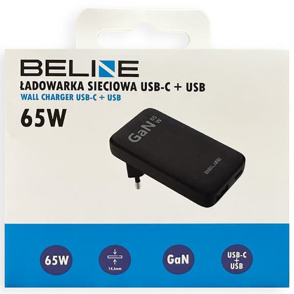 Beline Oplader 1x USB-C + 1x USB 65W sort (kun hoved) PD 3.0 + QC 3.0 BLN2CW65