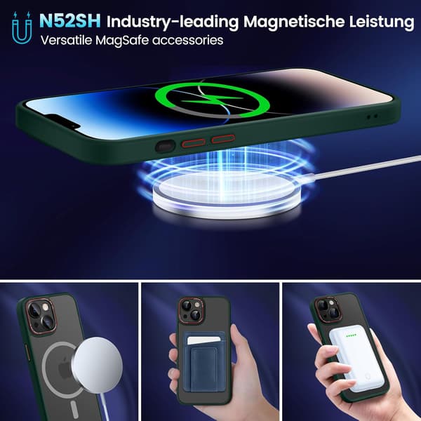 ETUI TIL APPLE IPHONE 14 GRØN KLAR MAT BAGSIDER + MAGSAFE