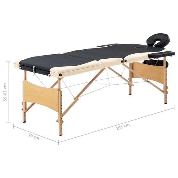 vidaXL foldbart massagebord, 3-zoner, træ, sort og beige