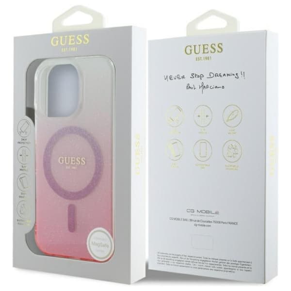 Guess IML Glitter Gradient MagSafe - iPhone 16 Pro -kotelo (Vaaleanpunainen)