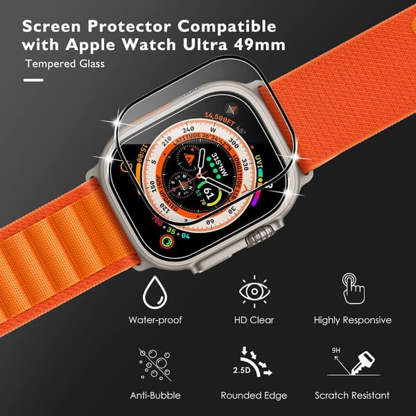 4x Hærdet glasur til Apple Watch Ultra 49 mm, stærkt og hårdt, 9 timer