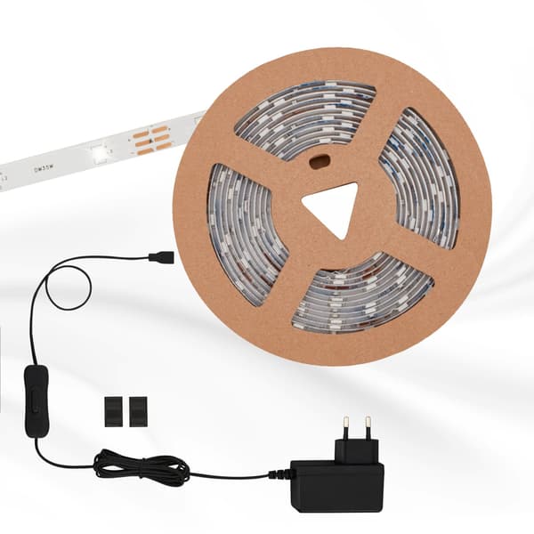 LED-remsa 5m 16W Varmvit Självhäftande med strömbrytare Vardagsrum Sovrum