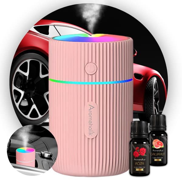 USB LED billuftfuktare rosa med aromaterapi och luktneutralisator
