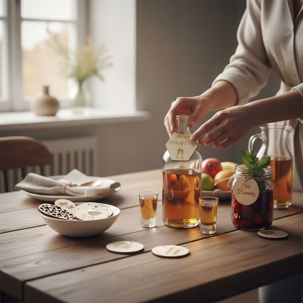 5x Trähängare Set för Flaskor Burkar Bröllopsmarmelad Juice Sirap