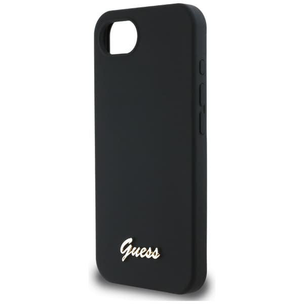 Guess silikoninen Script Metal Logo MagSafe -kotelo iPhone 16e:lle, musta