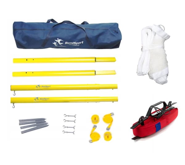 Badmintonracketset, stålstolpar, vitt nät, röda linjer