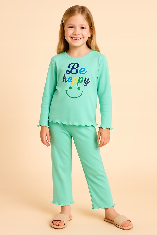 Flickpyjamas i bomull 134 PYJAMAS för FLICKOR med MINT-tryck