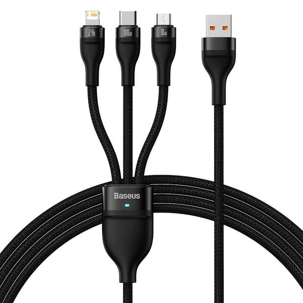 Baseus Flash Series 3-i-1 USB-kabel, USB-C + micro-USB + Lightning, 100W, 1,2m (svart)