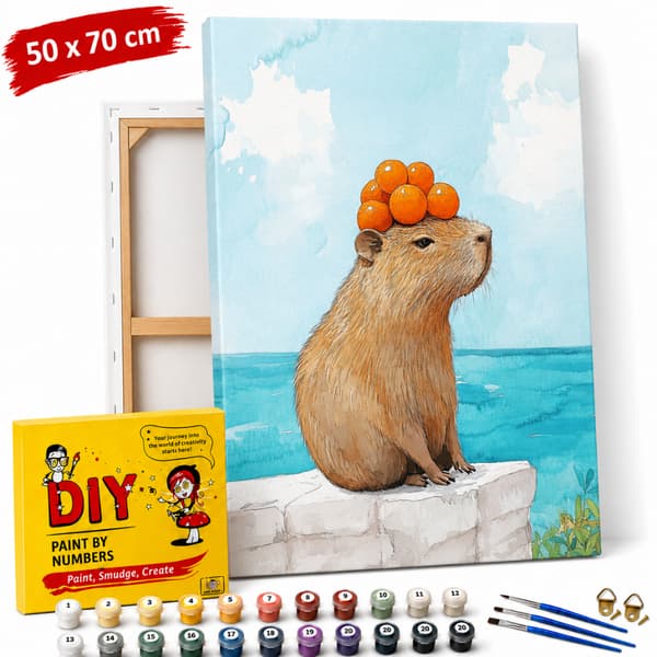 Måla efter nummer-bild med ram Kapybara med apelsiner 50x70 cm