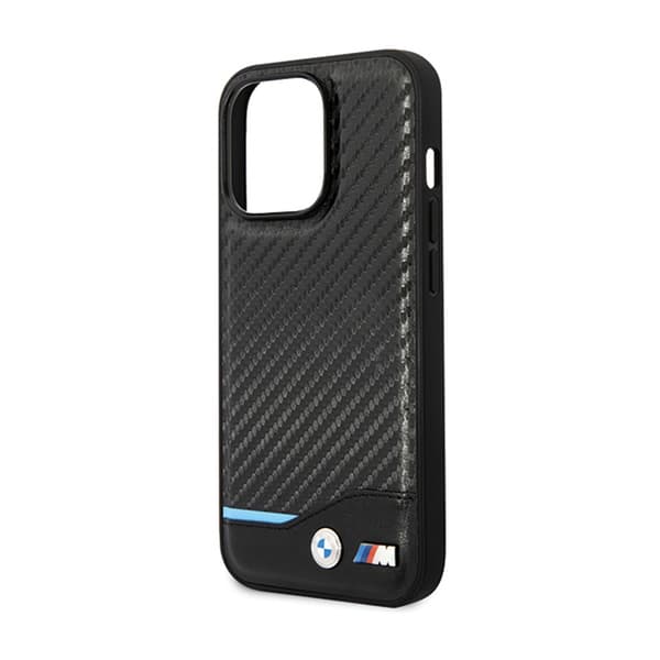 BMW Læder Carbon Blue Line - iPhone 13 Pro Max Etui (Sort)