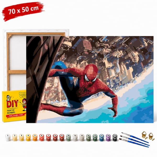 Måla efter nummer-bild med ram Spiderman över Marvel City 70x50 cm