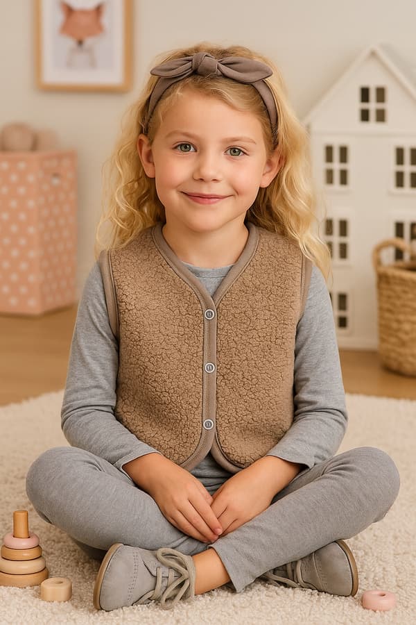 Varm barnväst 110 ärmlös beige lammjacka
