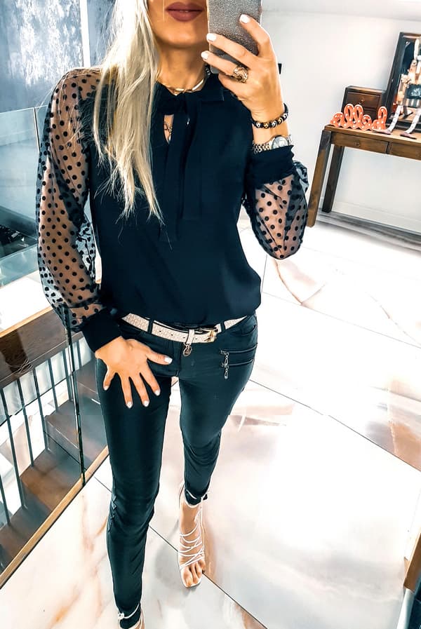 Elegant bluse med sløjfe prikker net L