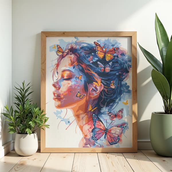 Mal efter tal med ramme Kvinde blandt sommerfugle 50x70 cm