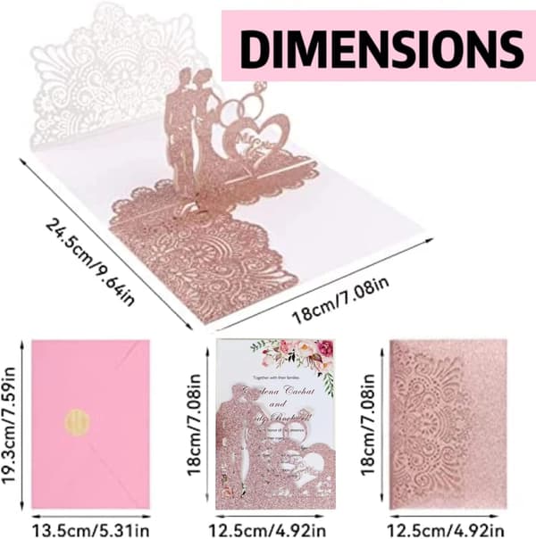 3D BRYLLUPSINVITATION MED LYSERØD GLITTER + KUVERT