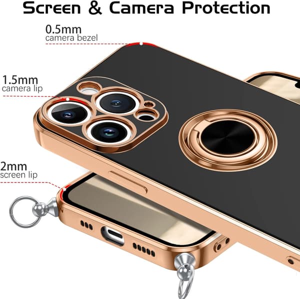 ETUI TIL APPLE IPHONE 13 PRO SILIKONE SORT GULD RAMME + RING OG LANYARD