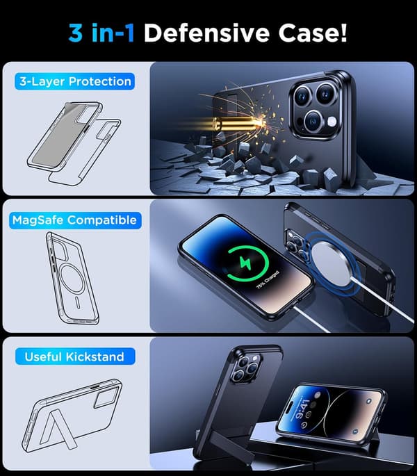 FORSTÆRKET ETUI TIL APPLE IPHONE 15 PRO SORT ARMOR MAT MED STATIV
