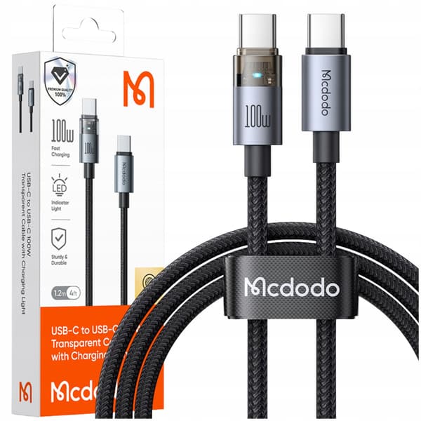 MCDODO USB-C-KAAPELI PIKALATAUS USB TYPE C 5A 100W 1M LED MUSTA