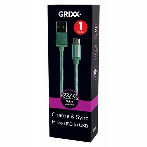 GRIXX Datakabel - Micro USB till USB, Flätad, Längd 1m - Grön