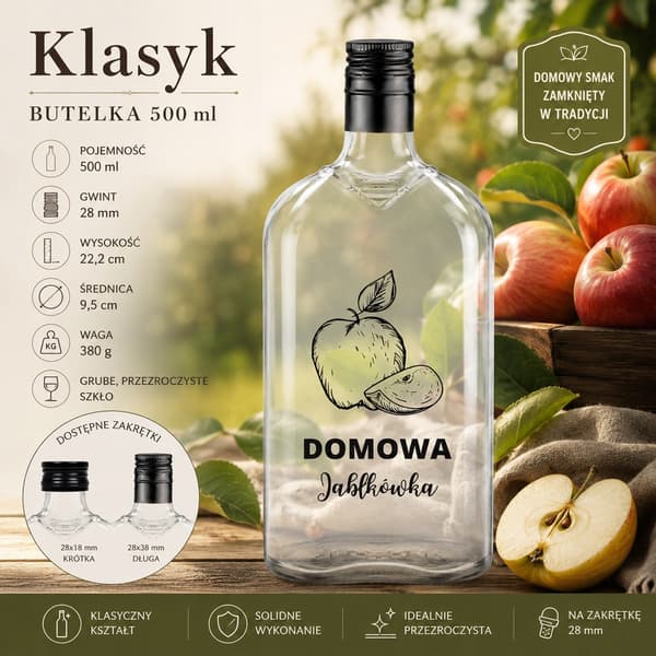 Klassisk glasflaska 500ml med tryck av hemgjorda äppelvodkaflaskor 10 st