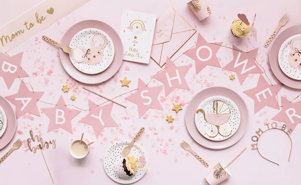 Rosa babyshowerkort med hänge STORC 14x20