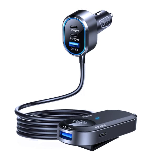 3mk Dobbelt Biloplader 135W PD QC PPS USB 2A4C Sort/Grå