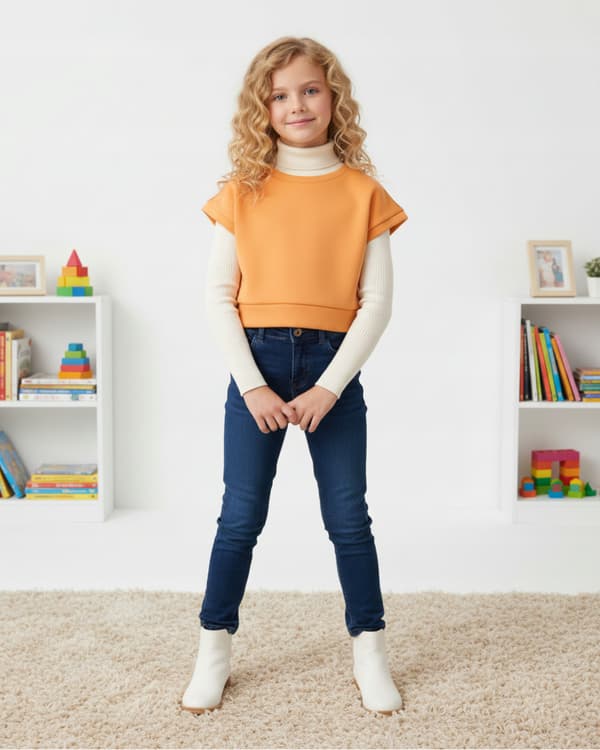 Børneponcho 146 vest kappevarmer bomuld fluffy abrikos