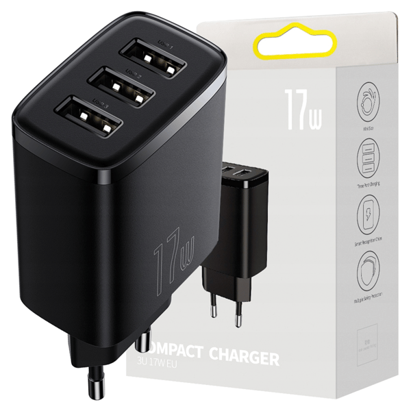 Baseus Compact -pikalaturi, 3x USB, 17W (musta)