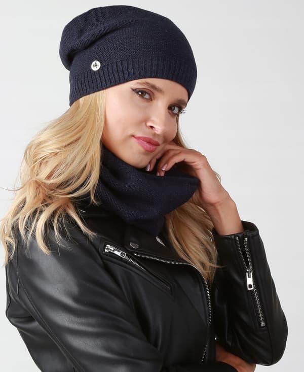 Dame vinterhue med snood marineblå B1