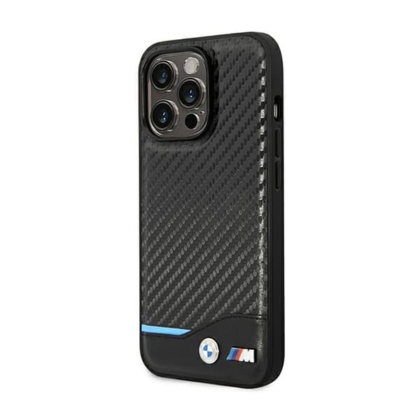 BMW Læder Carbon Blue Line - iPhone 14 Pro Etui (Sort)