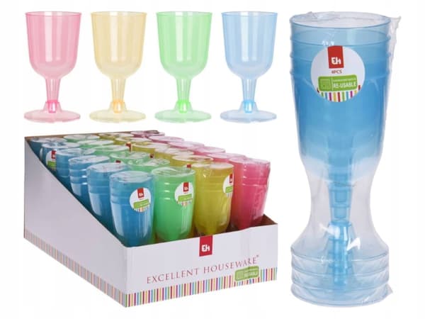 Set med 4 färgglada vinglas i plast