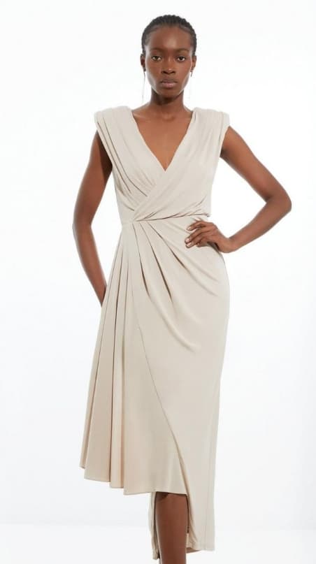 Karen Millen beige V-ringad rak midiklänning S
